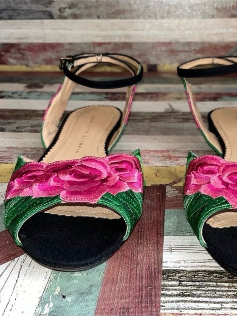 Charlotte Olympia Floral Sandals Pink/Green/Black SZE 8 (38) - Picture 5 of 6